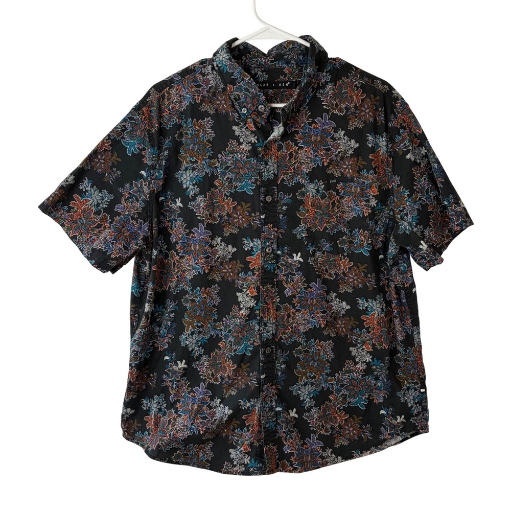 Edgar + Ash Mens L Floral Paisley Button Down Shirt Short Sleeve Black Cotton